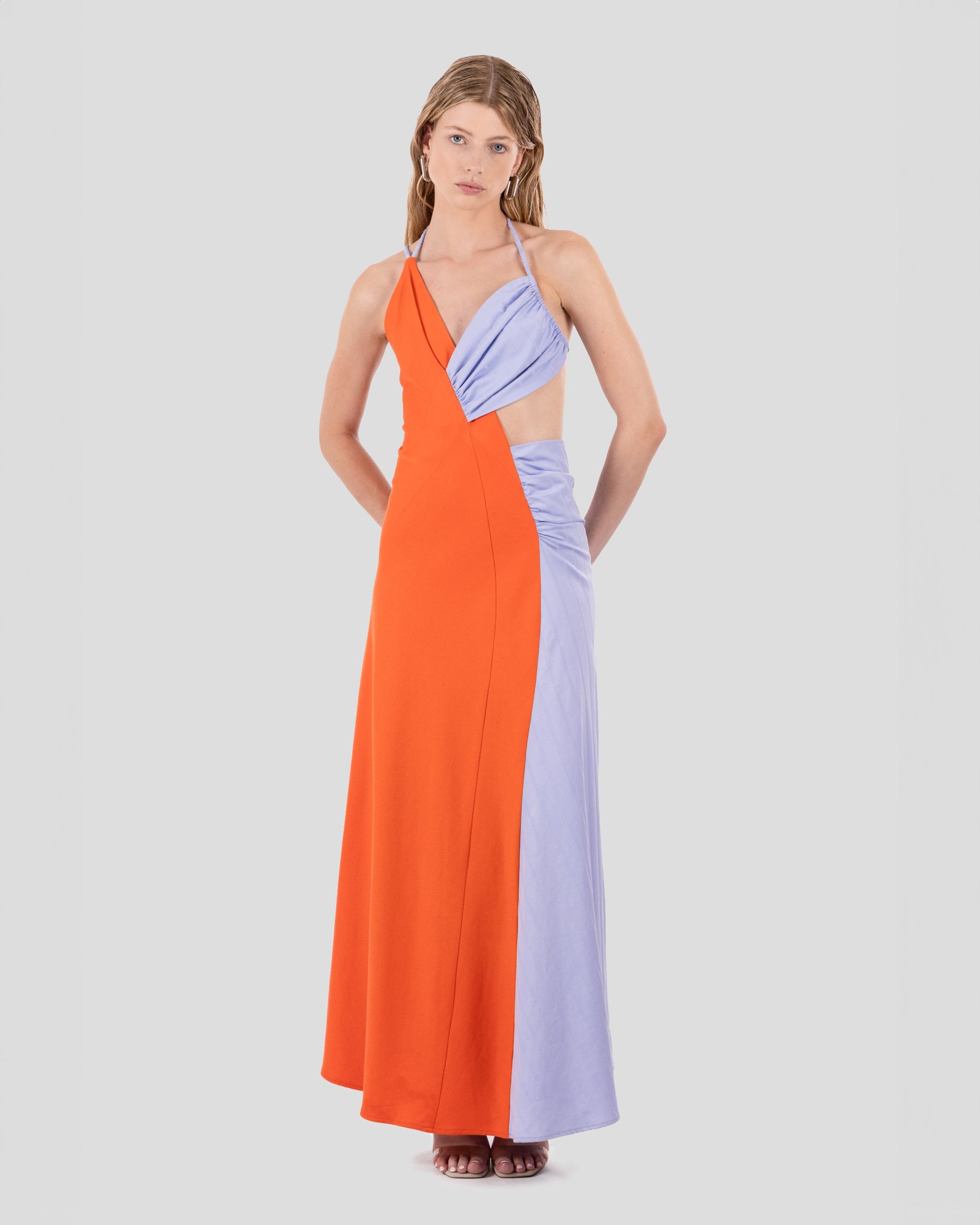 Hayley Dress Vermillion Orange and Lavender Lilac