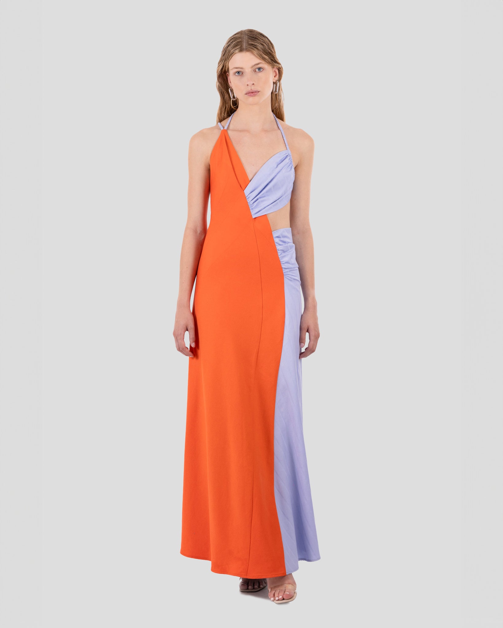 Hayley Dress Vermillion Orange and Lavender Lilac