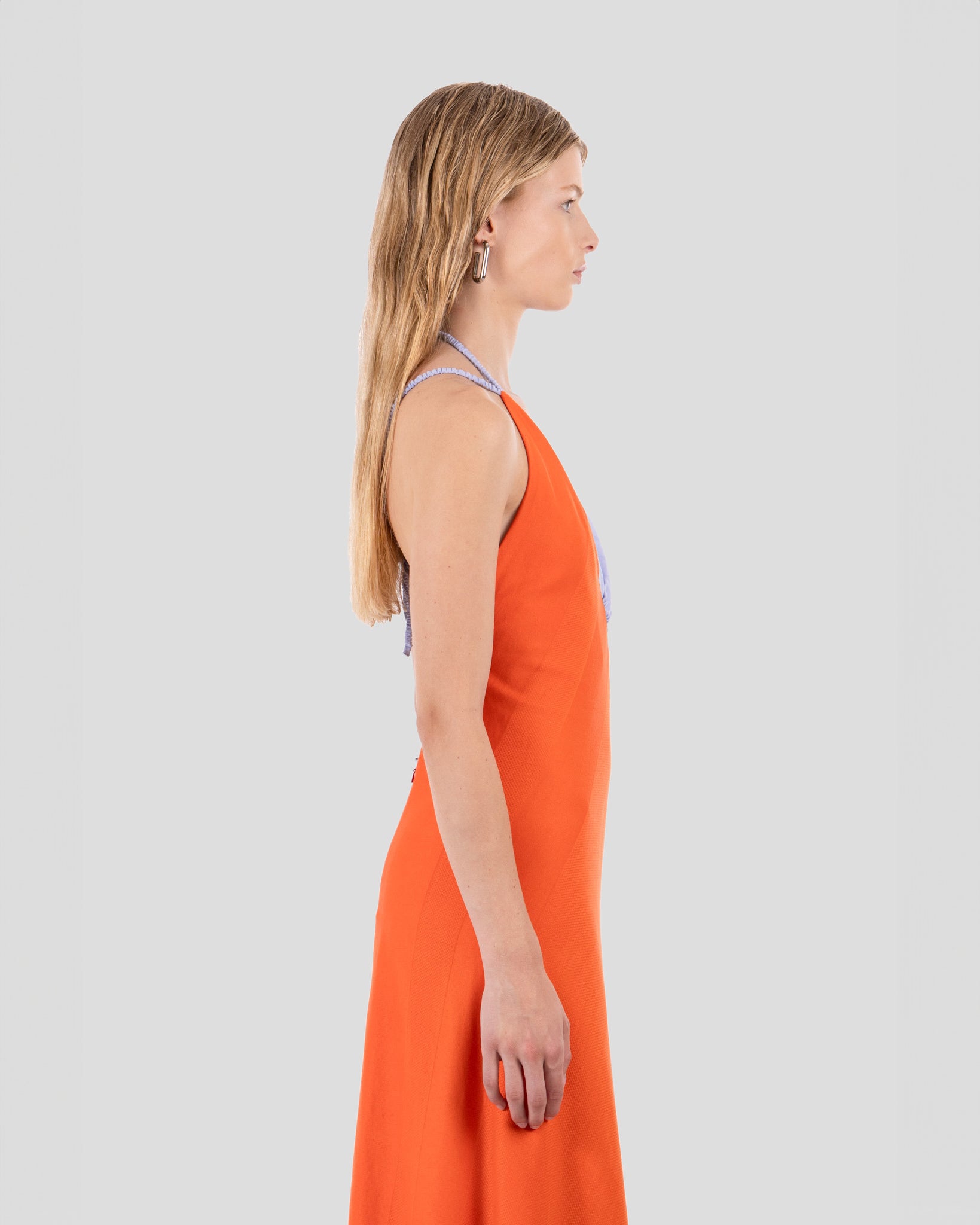 Hayley Dress Vermillion Orange and Lavender Lilac