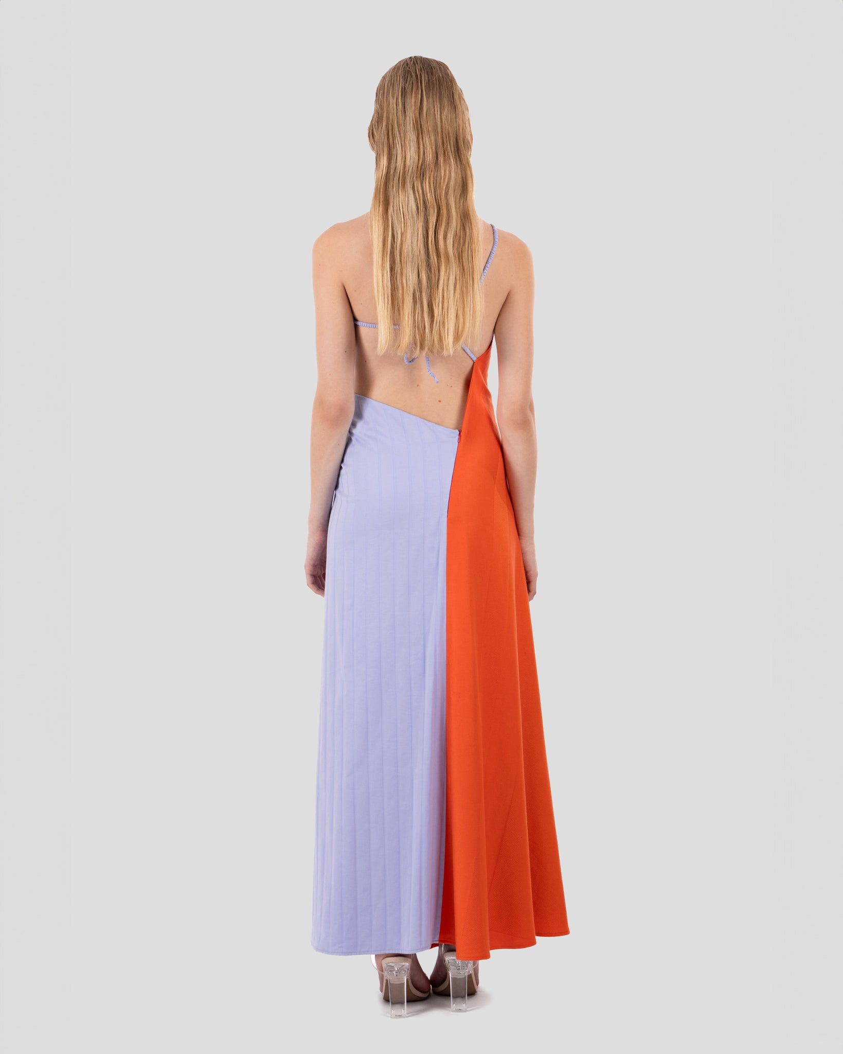 Hayley Dress Vermillion Orange and Lavender Lilac