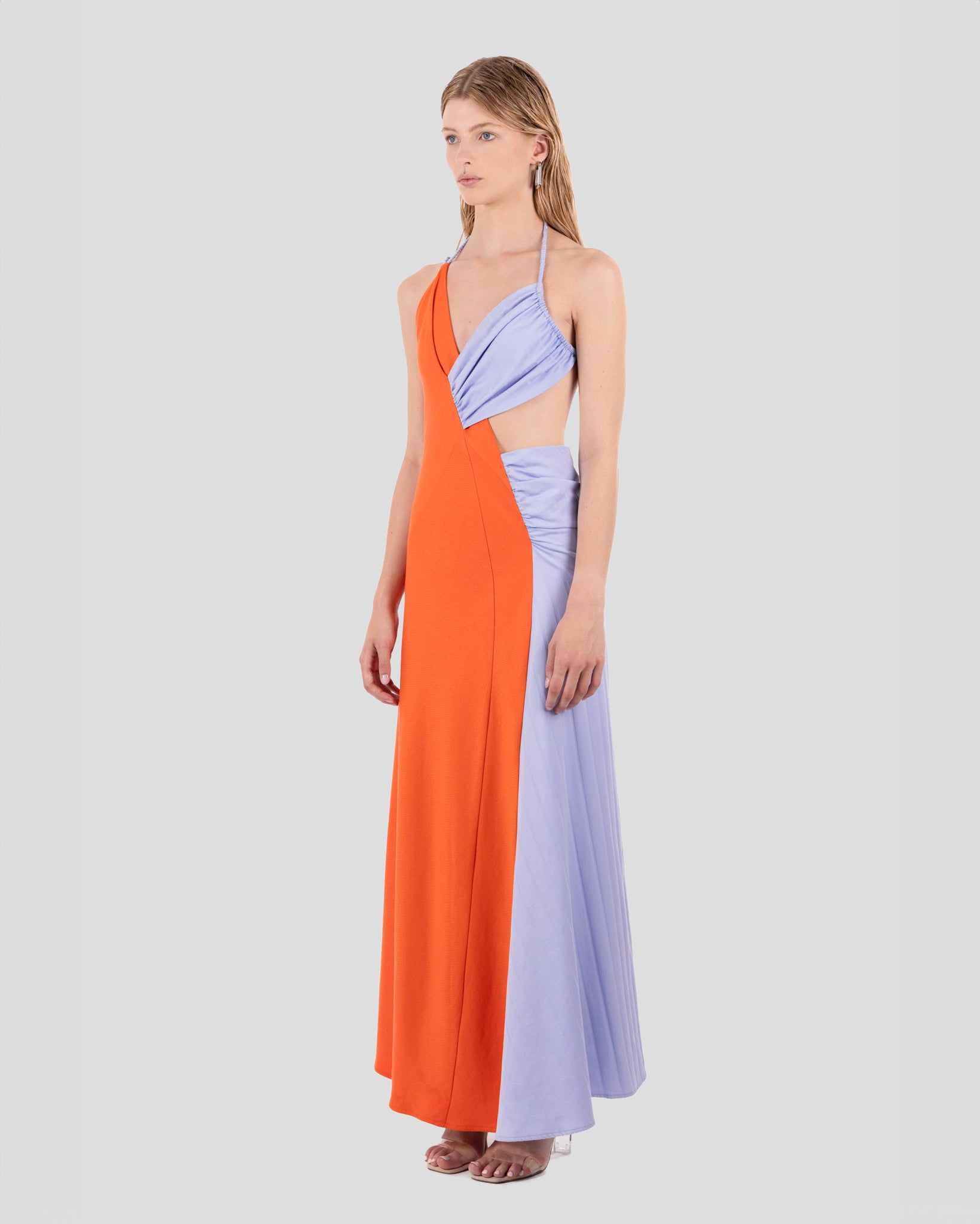 Hayley Dress Vermillion Orange and Lavender Lilac