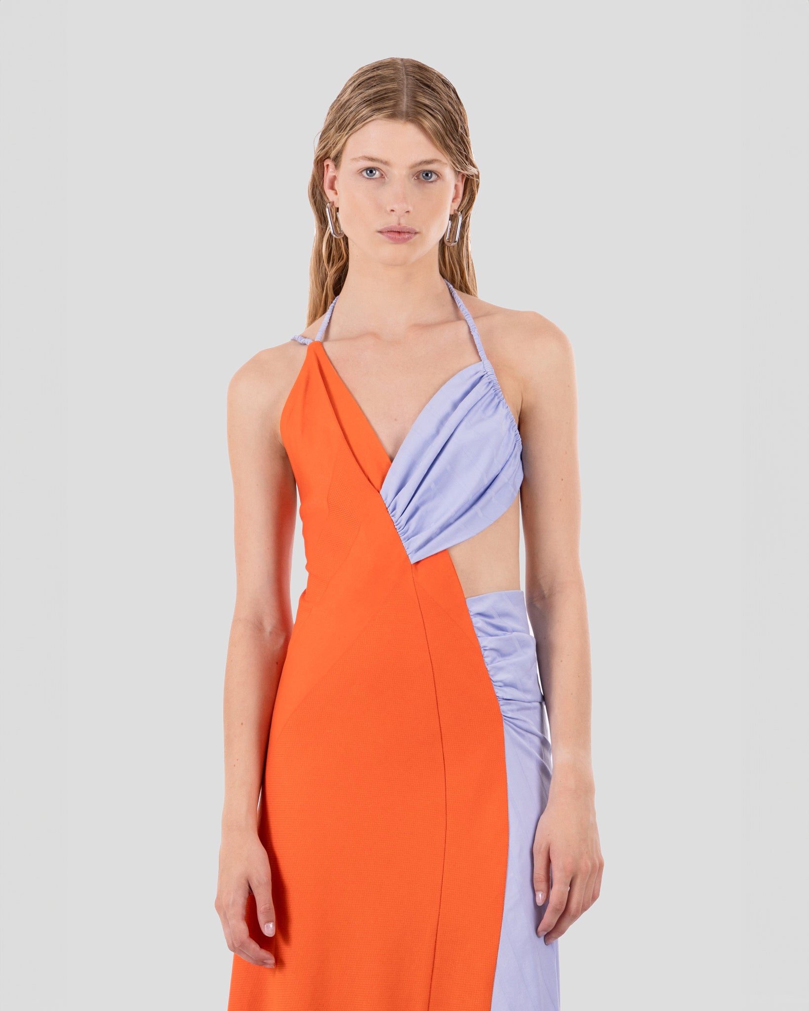 Hayley Dress Vermillion Orange and Lavender Lilac